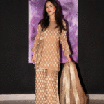Beige jacquard 3-piece formal dress with short shirt and wide embroidered sharara