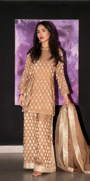 Beige jacquard 3-piece formal dress with short shirt and wide embroidered sharara